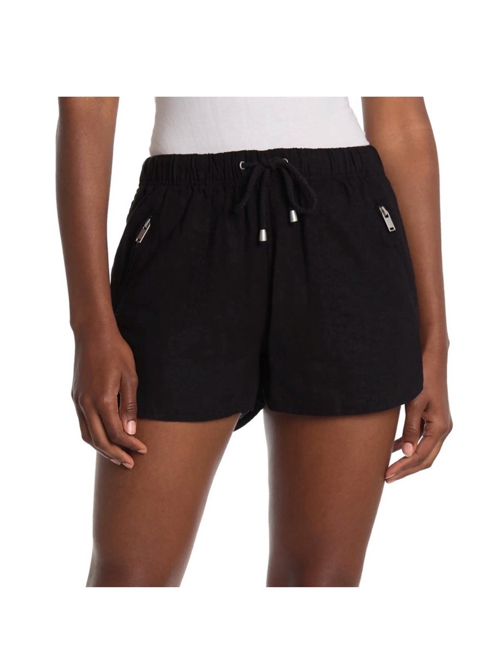 BlankNYC Black Linen Blend Drawstring Silver Accented Shorts with Zipper Pockets